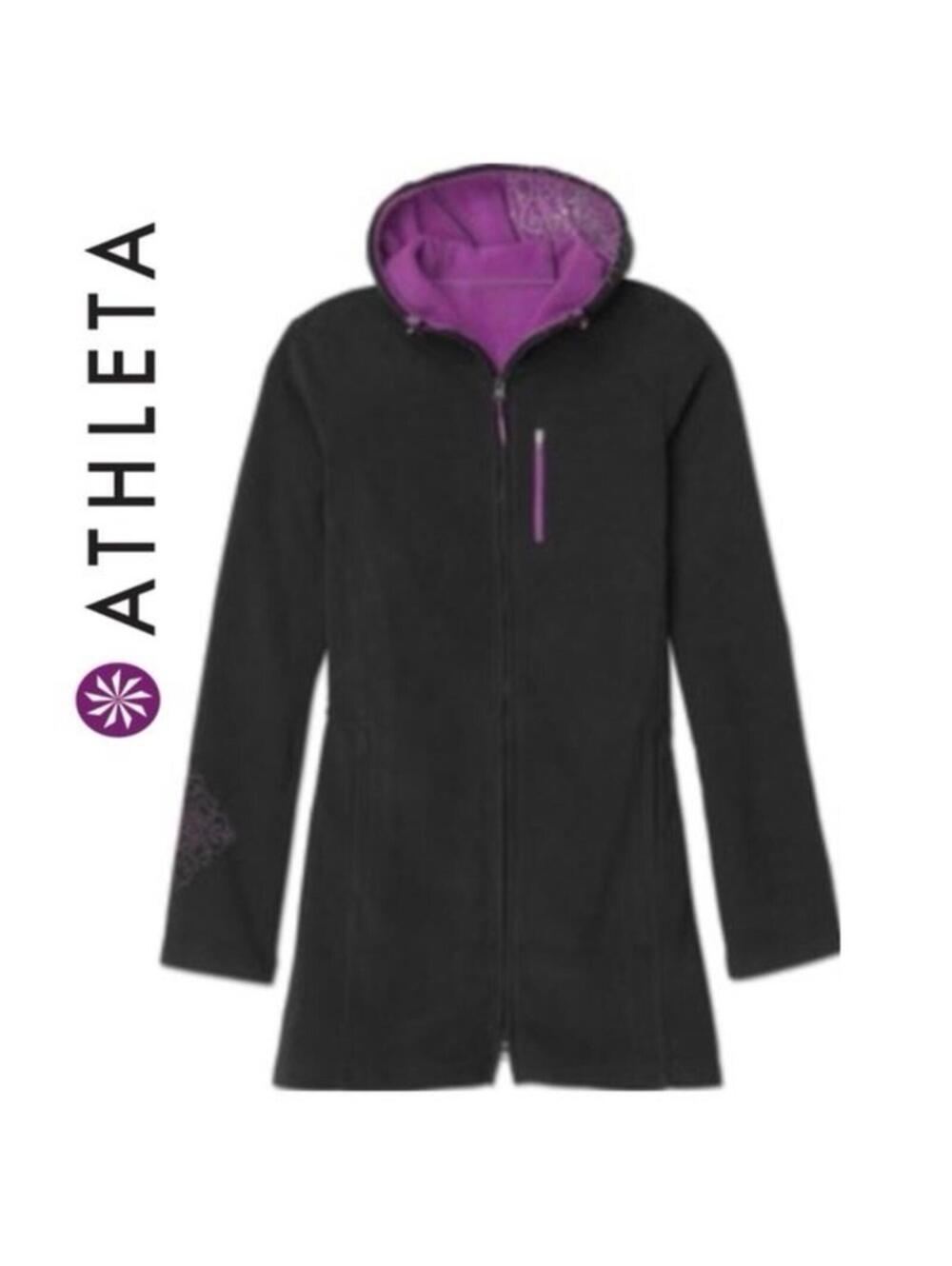 Athleta Swara Fleece Hooded Jacket Dk Grey Purple Large Longline Pullover